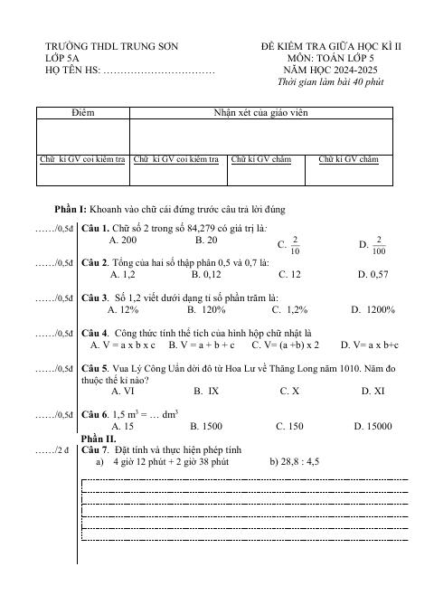Đề thi Giữa kì 2 Toán lớp 5 năm 2024-2025 trường THDL Trung Sơn (Lâm Đồng)